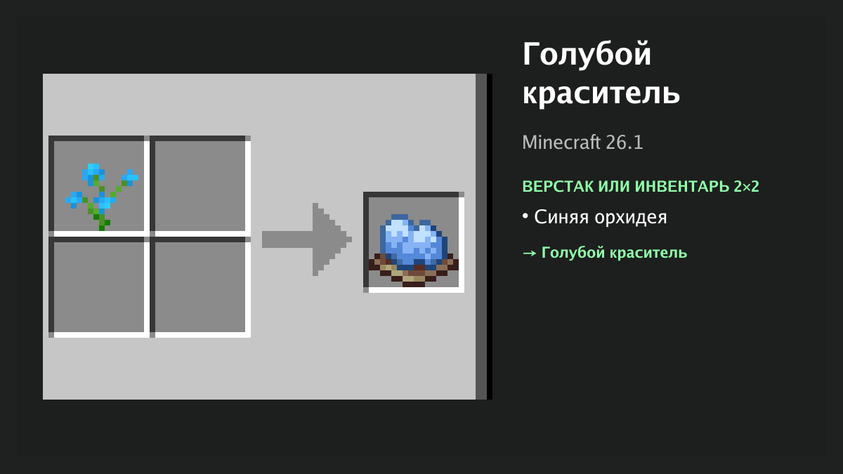 Рецепт: голубой краситель в Minecraft — синяя орхидея (верстак или инвентарь 2×2)
