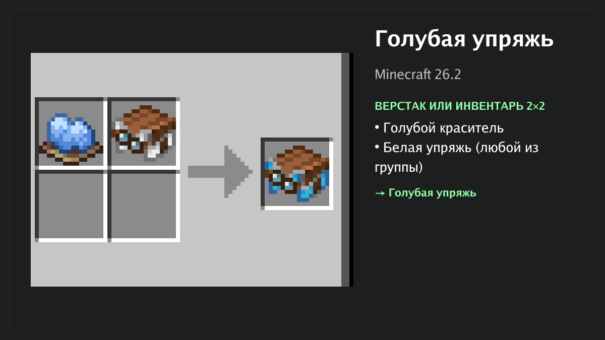 Рецепт: голубая упряжь в Minecraft — голубой краситель, белая упряжь (верстак или инвентарь 2×2)