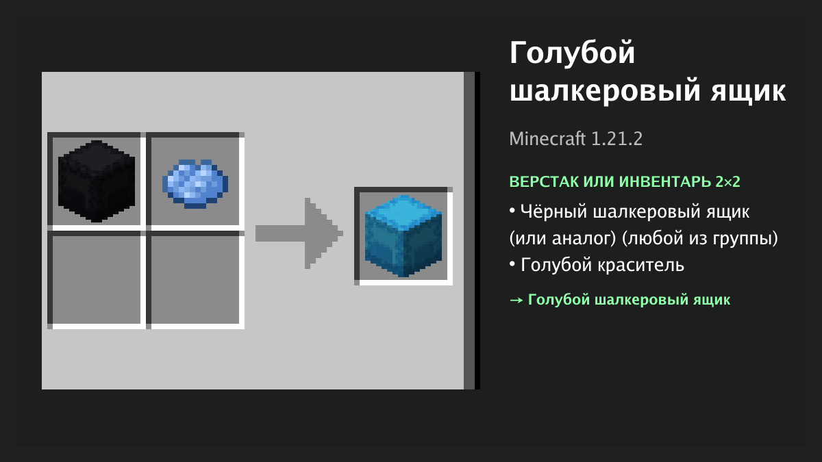 Рецепт: голубой шалкеровый ящик в Minecraft — чёрный шалкеровый ящик (или аналог), голубой краситель (верстак или инвентарь 2×2)