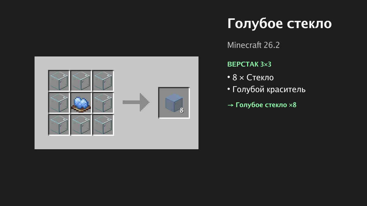 Рецепт: голубое стекло в Minecraft — 8 × стекло, голубой краситель (верстак 3×3)