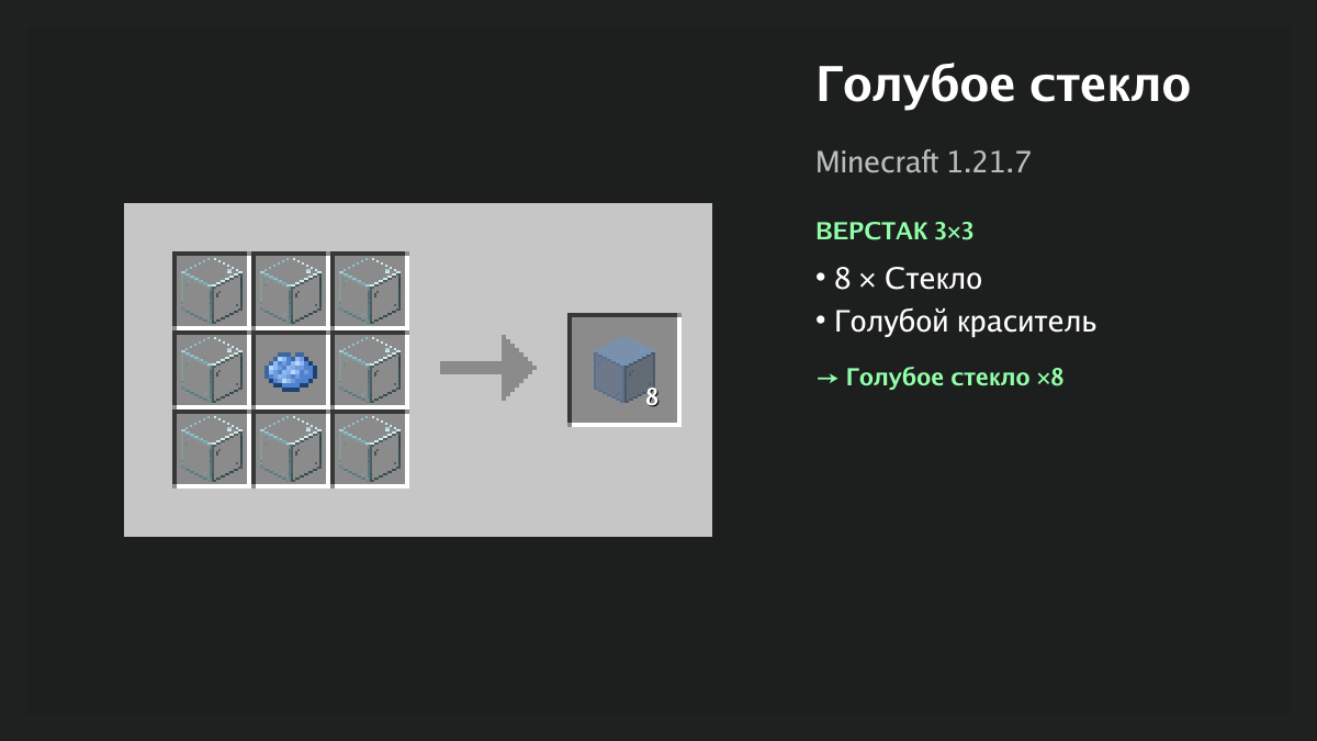 Рецепт: голубое стекло в Minecraft — 8 × стекло, голубой краситель (верстак 3×3)