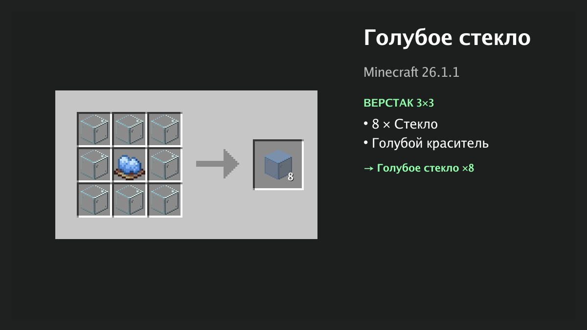 Рецепт: голубое стекло в Minecraft — 8 × стекло, голубой краситель (верстак 3×3)