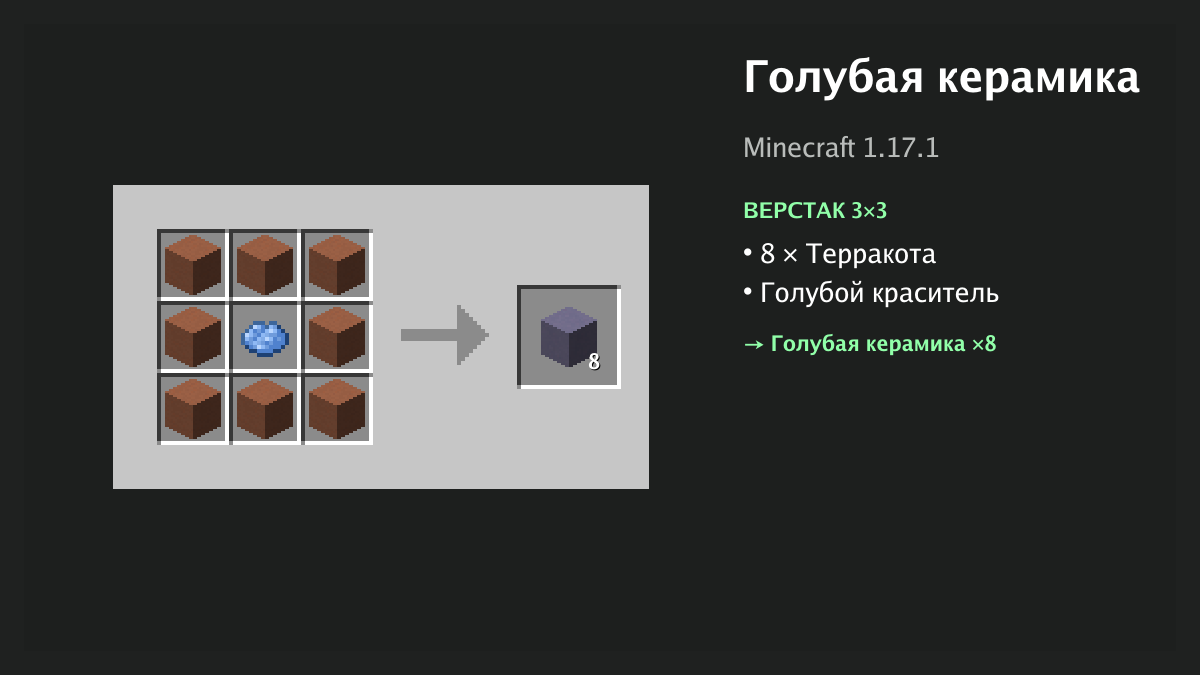 Рецепт: голубая керамика в Minecraft — 8 × терракота, голубой краситель (верстак 3×3)
