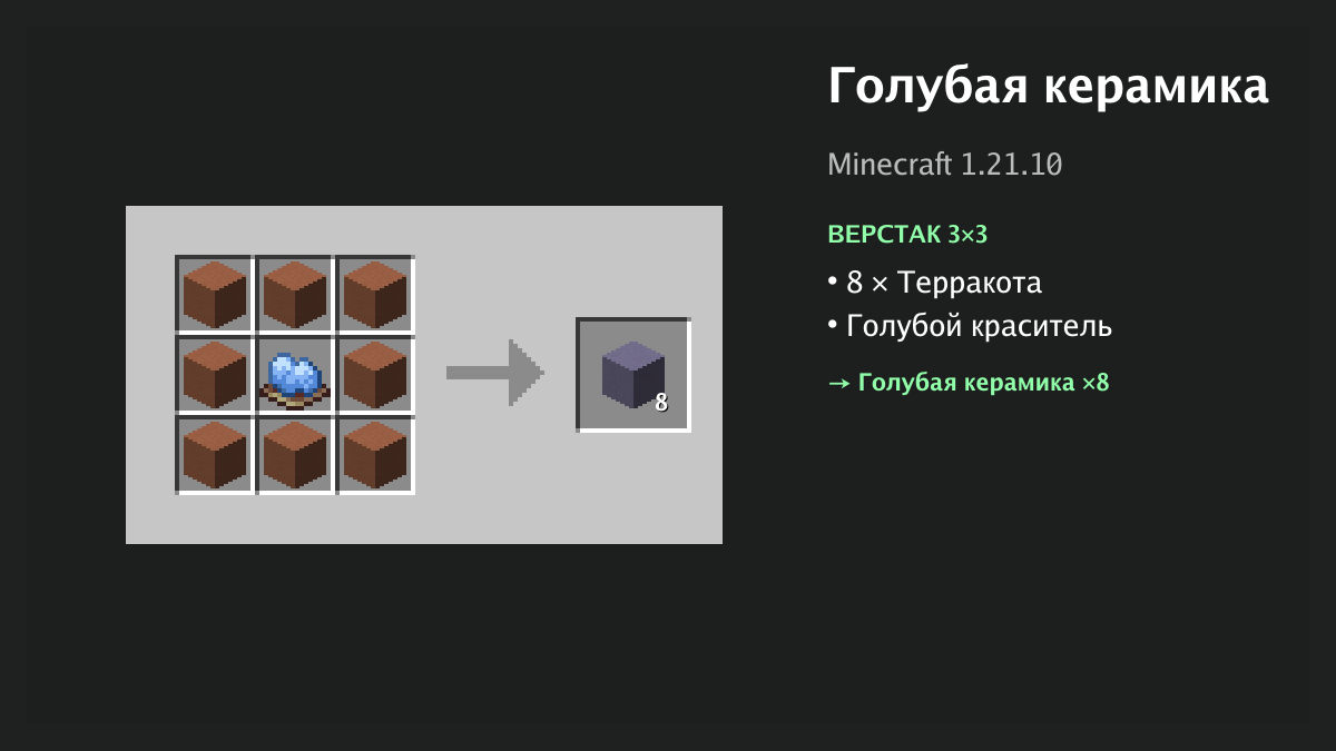 Рецепт: голубая керамика в Minecraft — 8 × терракота, голубой краситель (верстак 3×3)