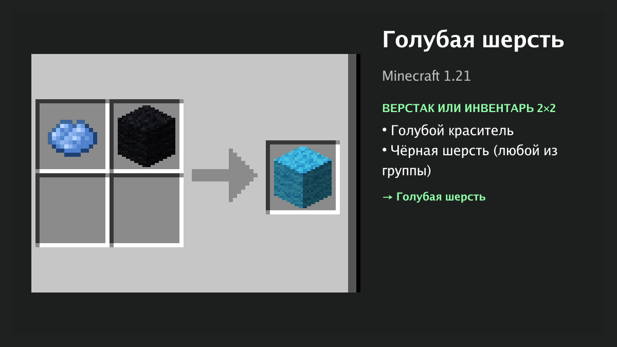 Рецепт: голубая шерсть в Minecraft — голубой краситель, чёрная шерсть (верстак или инвентарь 2×2)