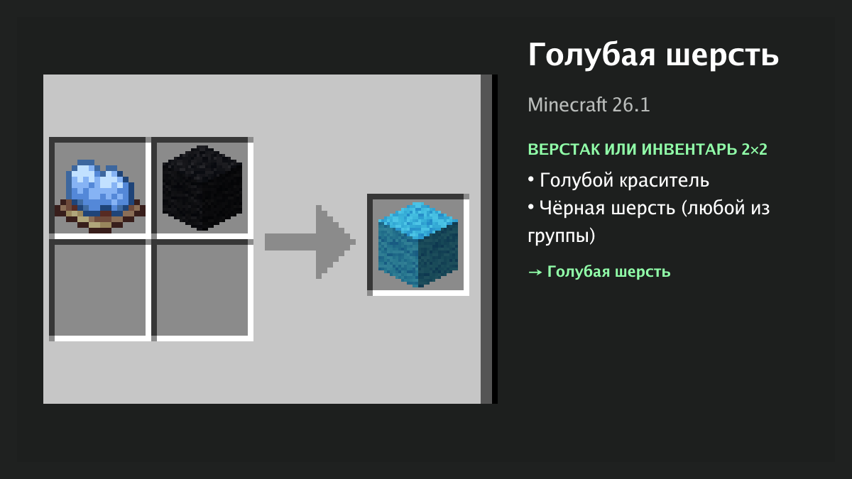Рецепт: голубая шерсть в Minecraft — голубой краситель, чёрная шерсть (верстак или инвентарь 2×2)