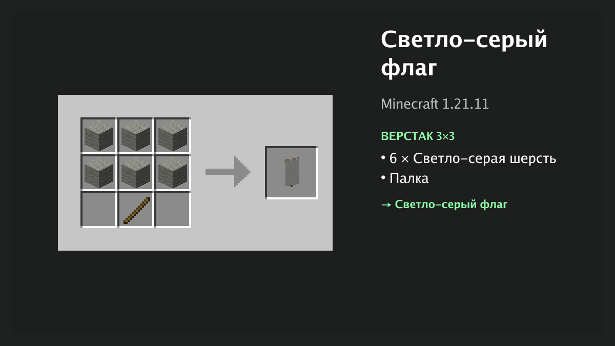 Рецепт: светло-серый флаг в Minecraft — 6 × светло-серая шерсть, палка (верстак 3×3)