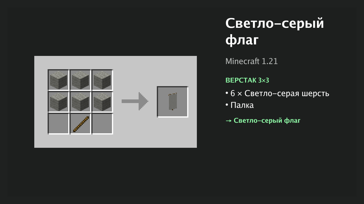 Рецепт: светло-серый флаг в Minecraft — 6 × светло-серая шерсть, палка (верстак 3×3)
