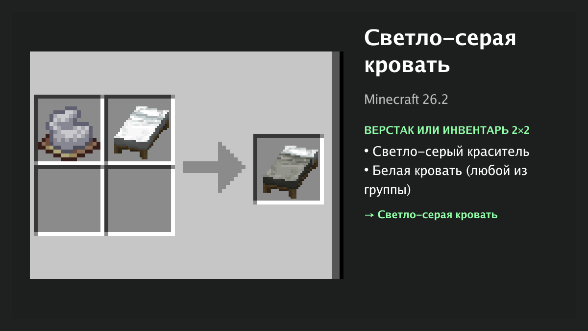 Рецепт: светло-серая кровать в Minecraft — светло-серый краситель, белая кровать (верстак или инвентарь 2×2)