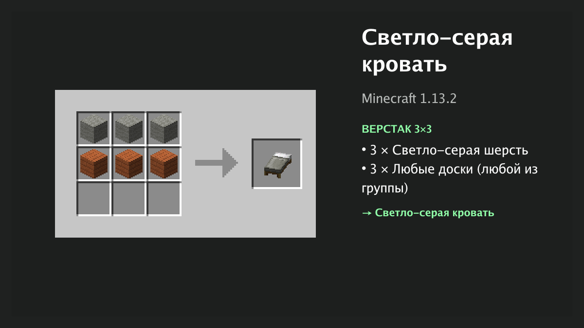Рецепт: светло-серая кровать в Minecraft — 3 × светло-серая шерсть, 3 × любые доски (верстак 3×3)