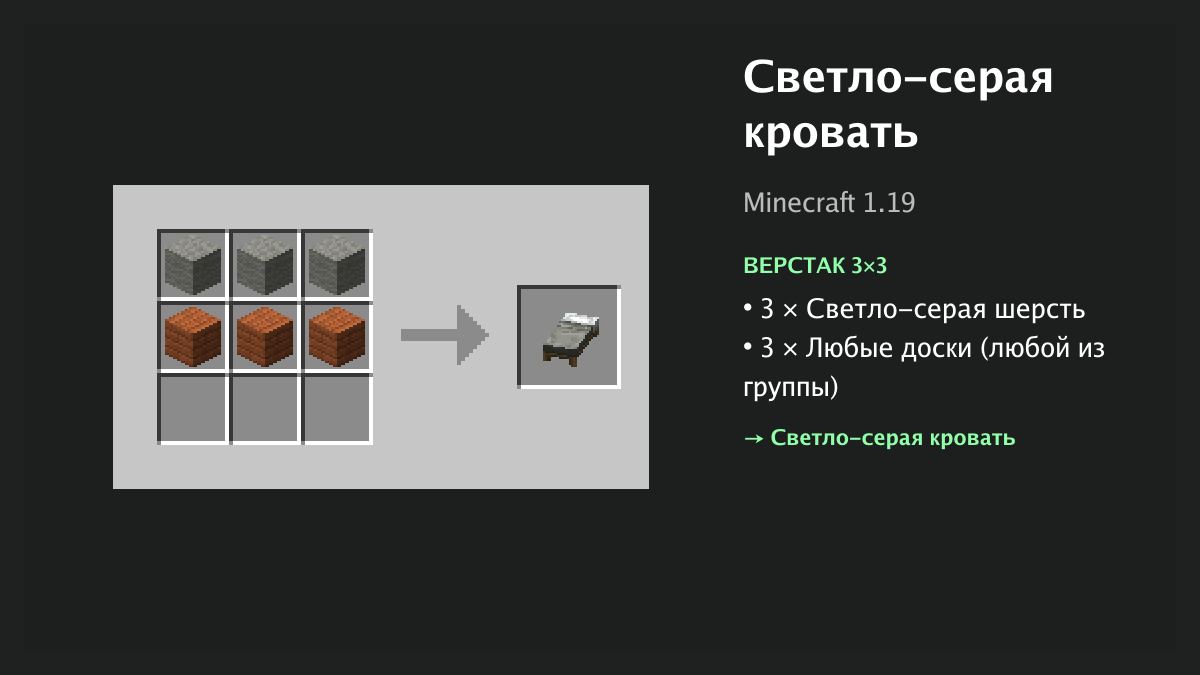 Рецепт: светло-серая кровать в Minecraft — 3 × светло-серая шерсть, 3 × любые доски (верстак 3×3)