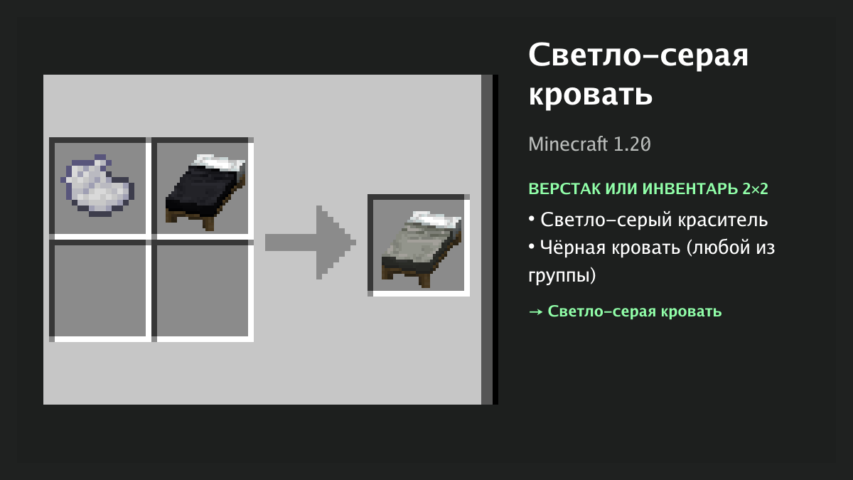 Рецепт: светло-серая кровать в Minecraft — светло-серый краситель, чёрная кровать (верстак или инвентарь 2×2)