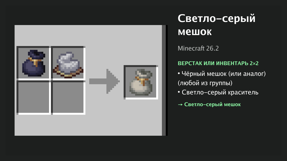 Рецепт: светло-серый мешок в Minecraft — чёрный мешок (или аналог), светло-серый краситель (верстак или инвентарь 2×2)