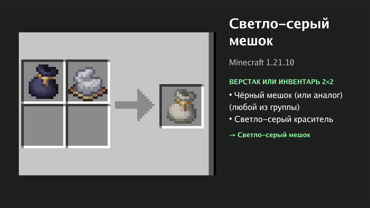 Рецепт: светло-серый мешок в Minecraft — чёрный мешок (или аналог), светло-серый краситель (верстак или инвентарь 2×2)