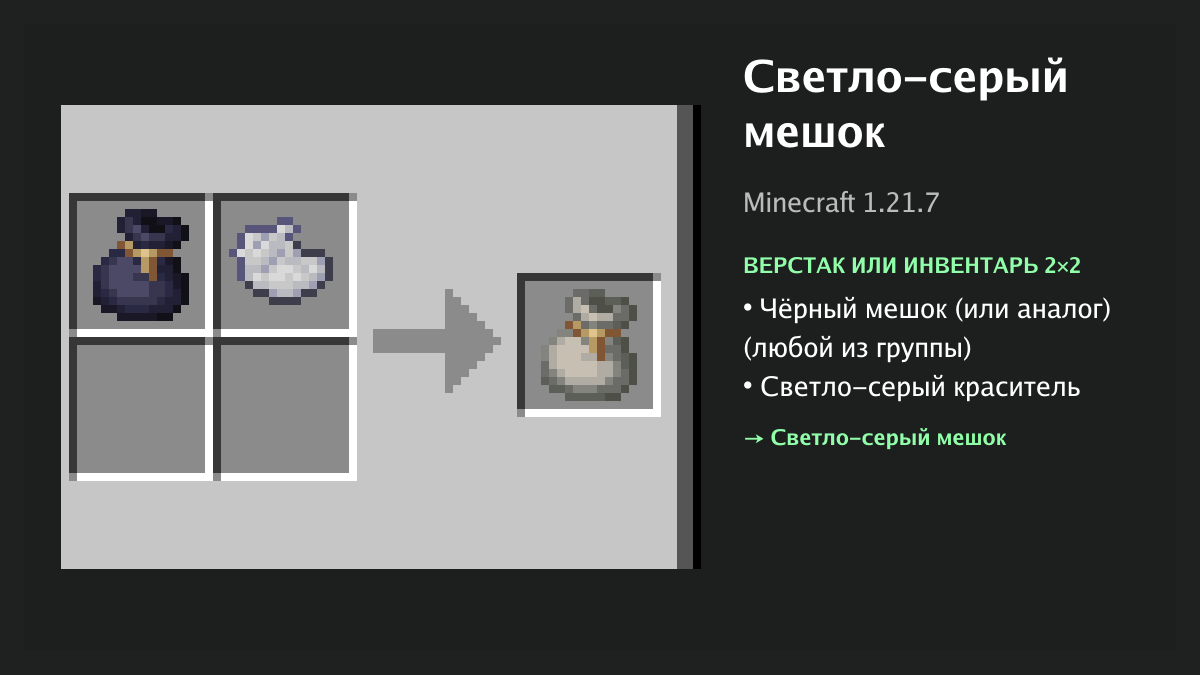 Рецепт: светло-серый мешок в Minecraft — чёрный мешок (или аналог), светло-серый краситель (верстак или инвентарь 2×2)
