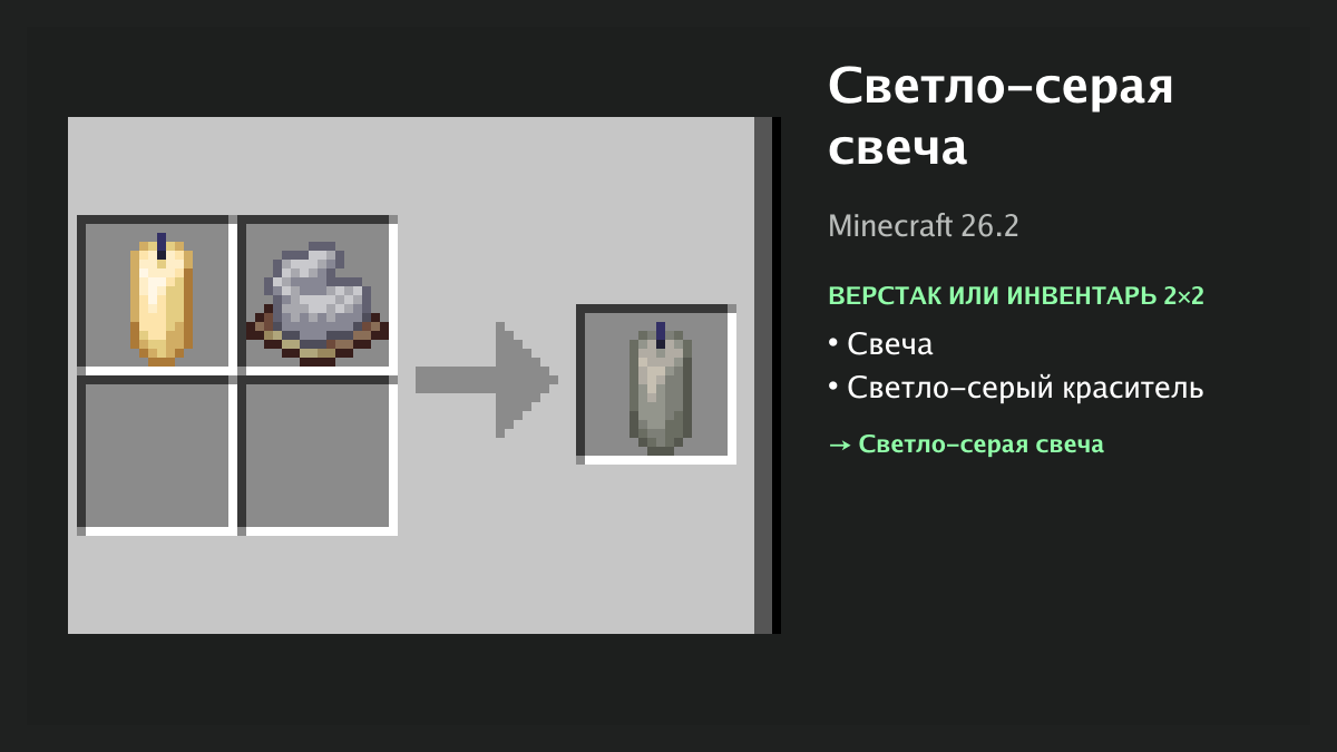 Рецепт: светло-серая свеча в Minecraft — свеча, светло-серый краситель (верстак или инвентарь 2×2)