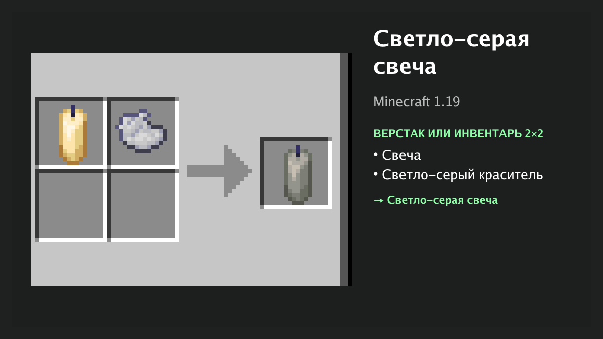 Рецепт: светло-серая свеча в Minecraft — свеча, светло-серый краситель (верстак или инвентарь 2×2)
