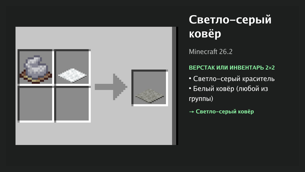 Рецепт: светло-серый ковёр в Minecraft — светло-серый краситель, белый ковёр (верстак или инвентарь 2×2)