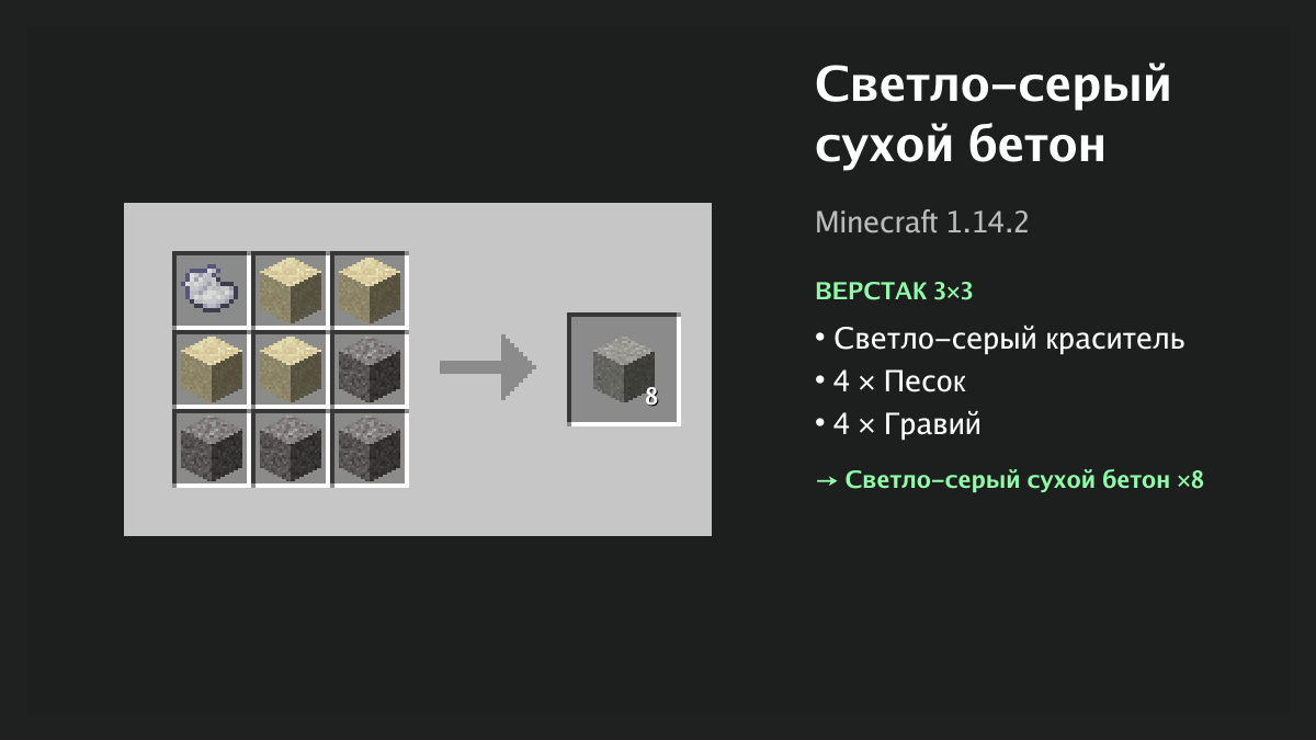 Рецепт: светло-серый сухой бетон в Minecraft — светло-серый краситель, 4 × песок, 4 × гравий (верстак 3×3)