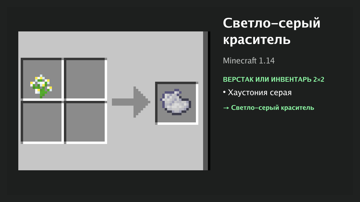 Рецепт: светло-серый краситель в Minecraft — хаустония серая (верстак или инвентарь 2×2)