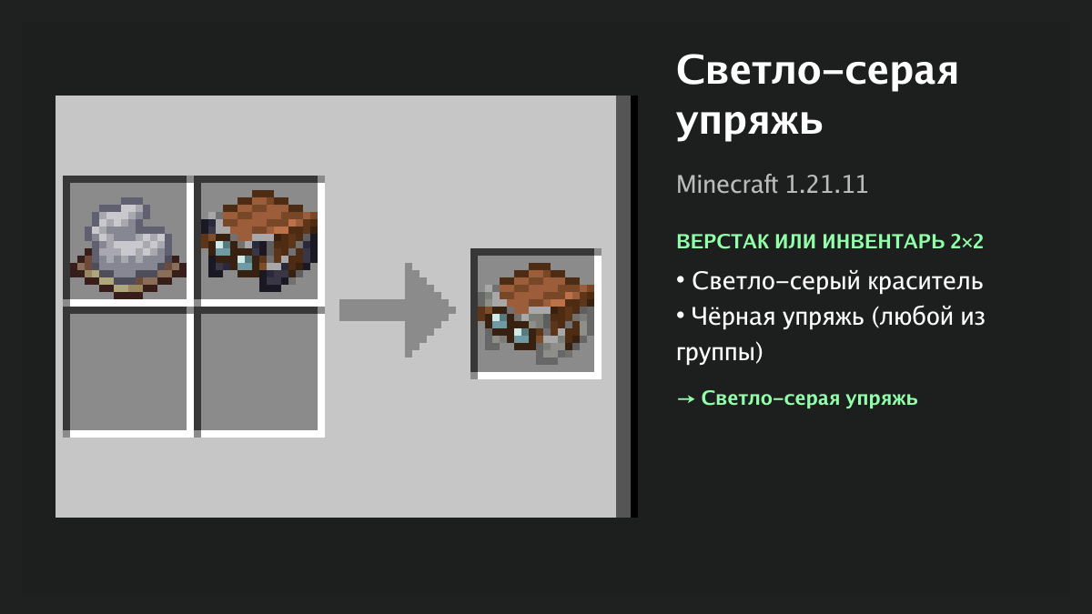 Рецепт: светло-серая упряжь в Minecraft — светло-серый краситель, чёрная упряжь (верстак или инвентарь 2×2)