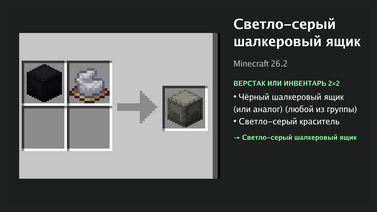 Рецепт: светло-серый шалкеровый ящик в Minecraft — чёрный шалкеровый ящик (или аналог), светло-серый краситель (верстак или инвентарь 2×2)