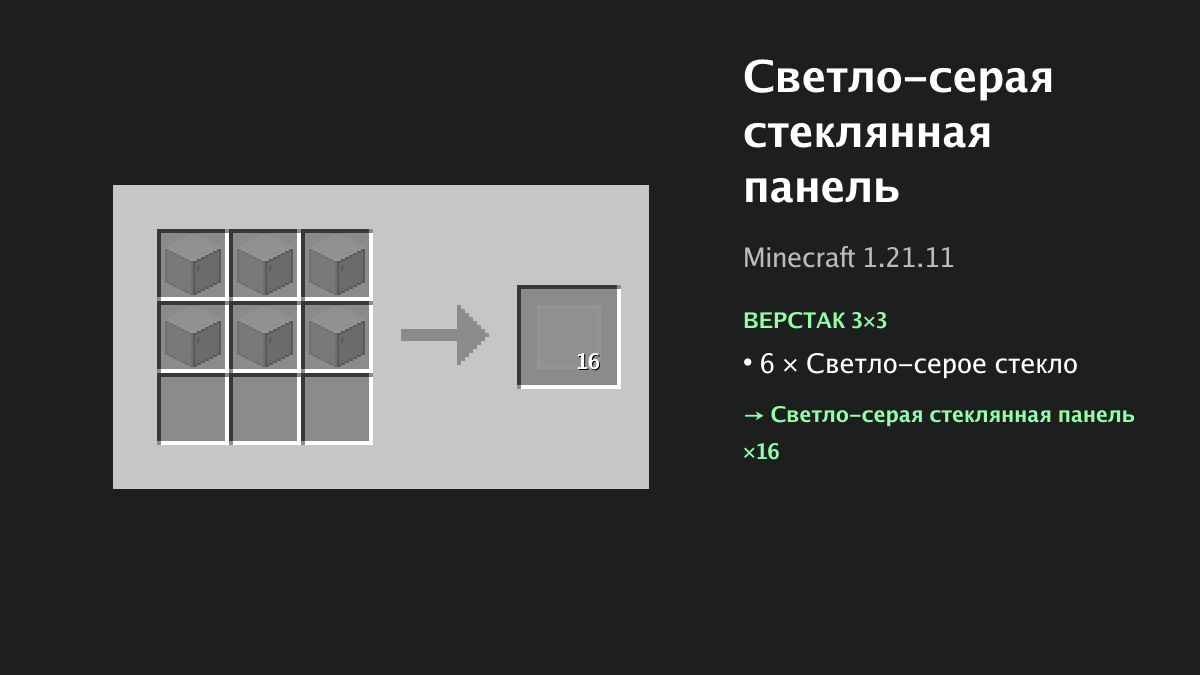 Рецепт: светло-серая стеклянная панель в Minecraft — 6 × светло-серое стекло (верстак 3×3)