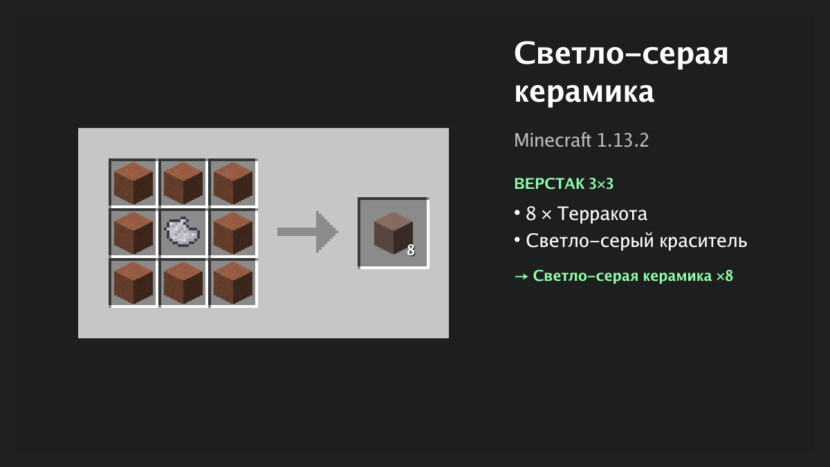 Рецепт: светло-серая керамика в Minecraft — 8 × терракота, светло-серый краситель (верстак 3×3)