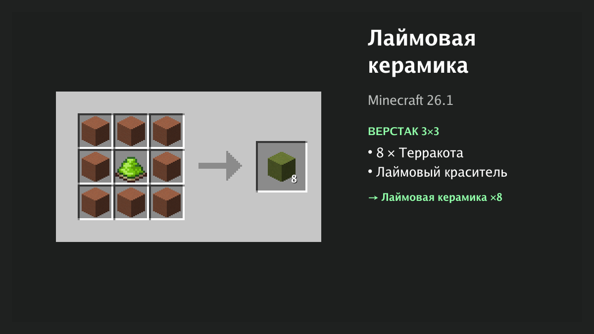 Рецепт: лаймовая керамика в Minecraft — 8 × терракота, лаймовый краситель (верстак 3×3)