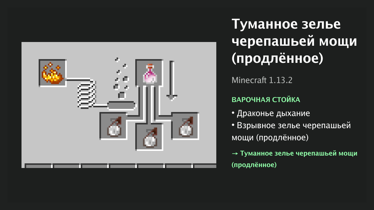 Рецепт: туманное зелье черепашьей мощи (продлённое) в Minecraft — драконье дыхание, взрывное зелье черепашьей мощи (продлённое) (варочная стойка)