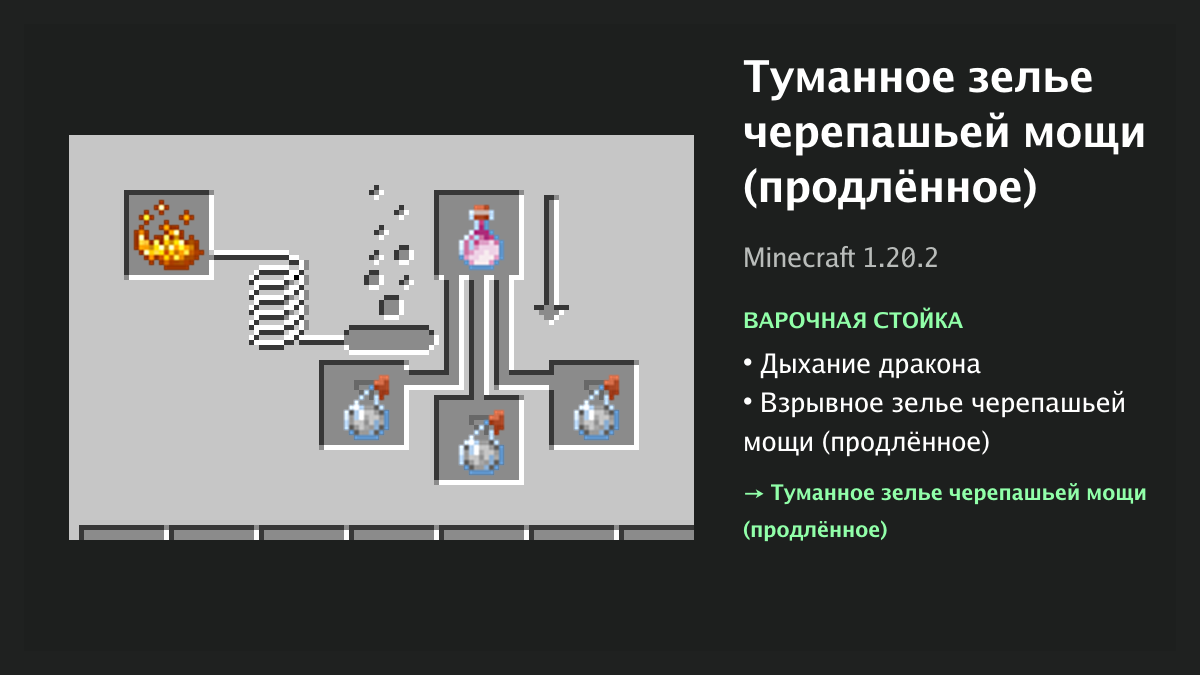 Рецепт: туманное зелье черепашьей мощи (продлённое) в Minecraft — дыхание дракона, взрывное зелье черепашьей мощи (продлённое) (варочная стойка)