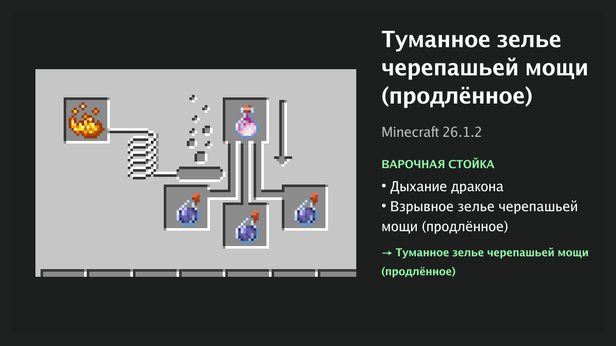 Рецепт: туманное зелье черепашьей мощи (продлённое) в Minecraft — дыхание дракона, взрывное зелье черепашьей мощи (продлённое) (варочная стойка)
