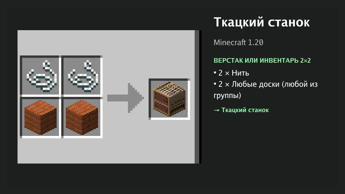 Рецепт: ткацкий станок в Minecraft — 2 × нить, 2 × любые доски (верстак или инвентарь 2×2)
