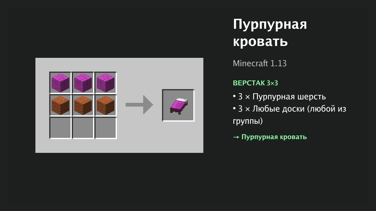Рецепт: пурпурная кровать в Minecraft — 3 × пурпурная шерсть, 3 × любые доски (верстак 3×3)
