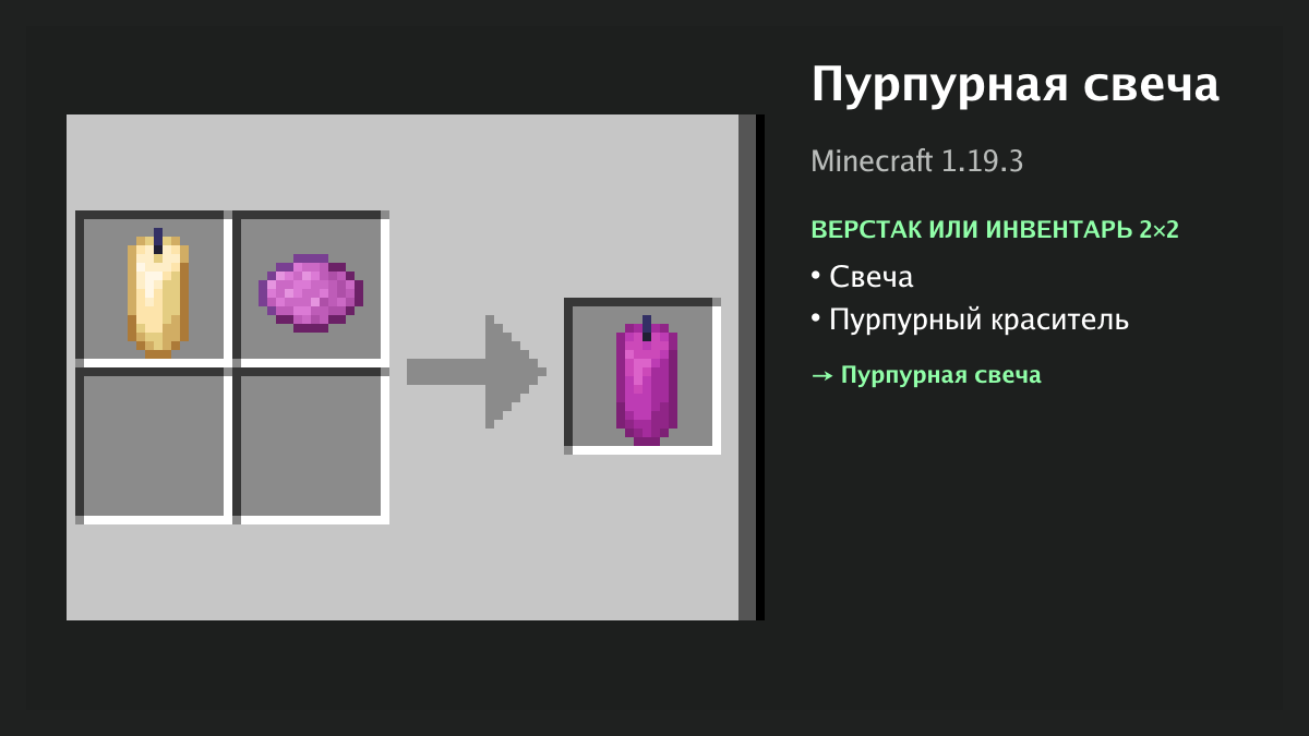 Рецепт: пурпурная свеча в Minecraft — свеча, пурпурный краситель (верстак или инвентарь 2×2)