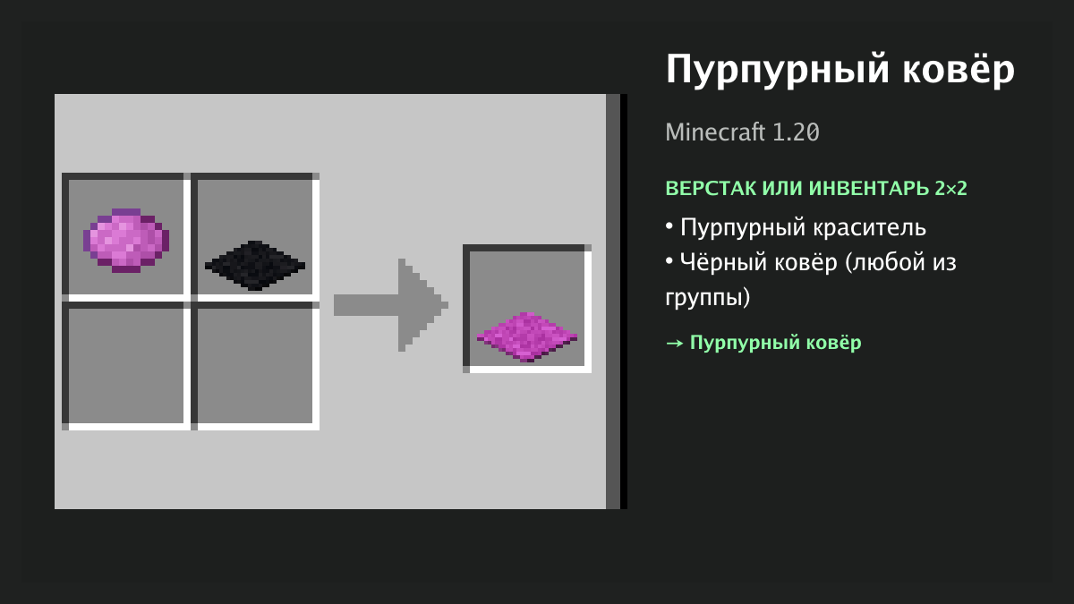 Рецепт: пурпурный ковёр в Minecraft — пурпурный краситель, чёрный ковёр (верстак или инвентарь 2×2)