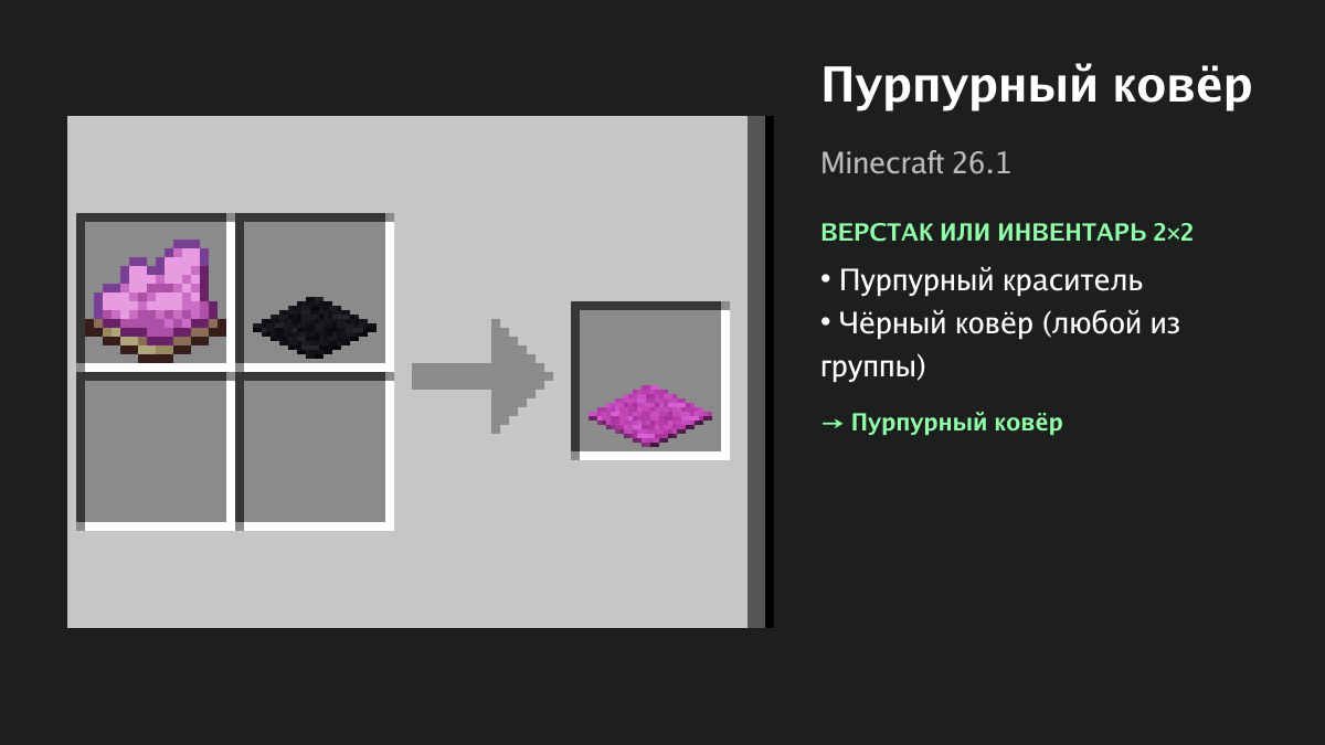Рецепт: пурпурный ковёр в Minecraft — пурпурный краситель, чёрный ковёр (верстак или инвентарь 2×2)