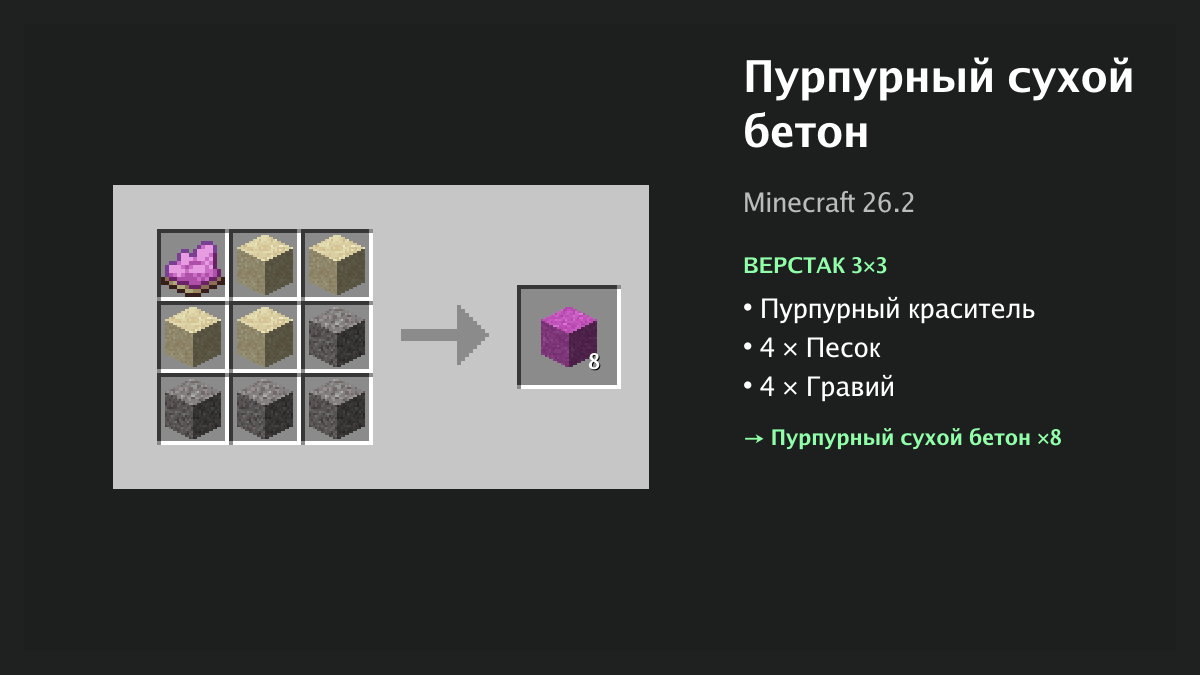 Рецепт: пурпурный сухой бетон в Minecraft — пурпурный краситель, 4 × песок, 4 × гравий (верстак 3×3)