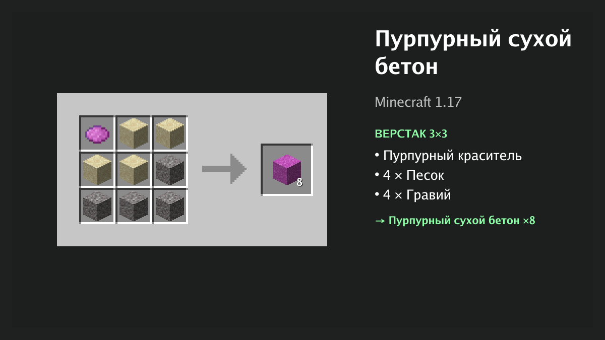 Рецепт: пурпурный сухой бетон в Minecraft — пурпурный краситель, 4 × песок, 4 × гравий (верстак 3×3)