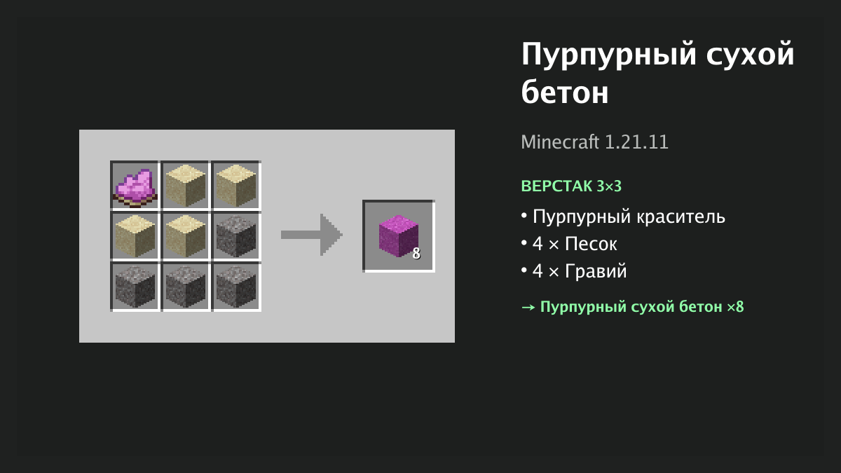 Рецепт: пурпурный сухой бетон в Minecraft — пурпурный краситель, 4 × песок, 4 × гравий (верстак 3×3)