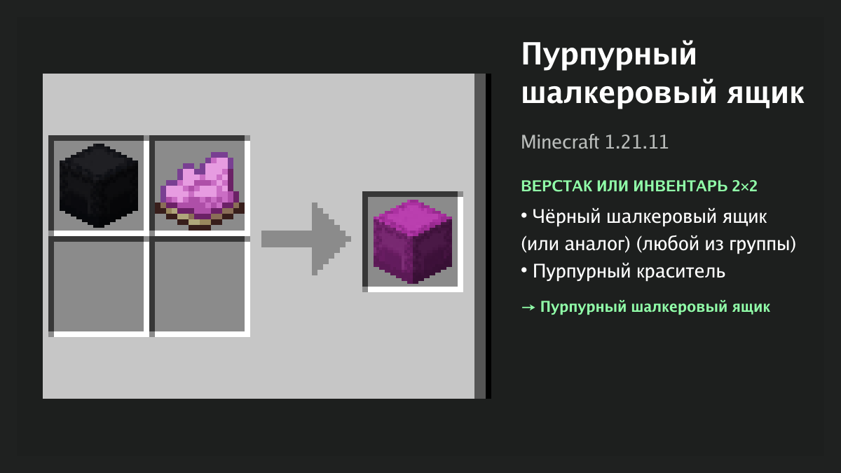 Рецепт: пурпурный шалкеровый ящик в Minecraft — чёрный шалкеровый ящик (или аналог), пурпурный краситель (верстак или инвентарь 2×2)