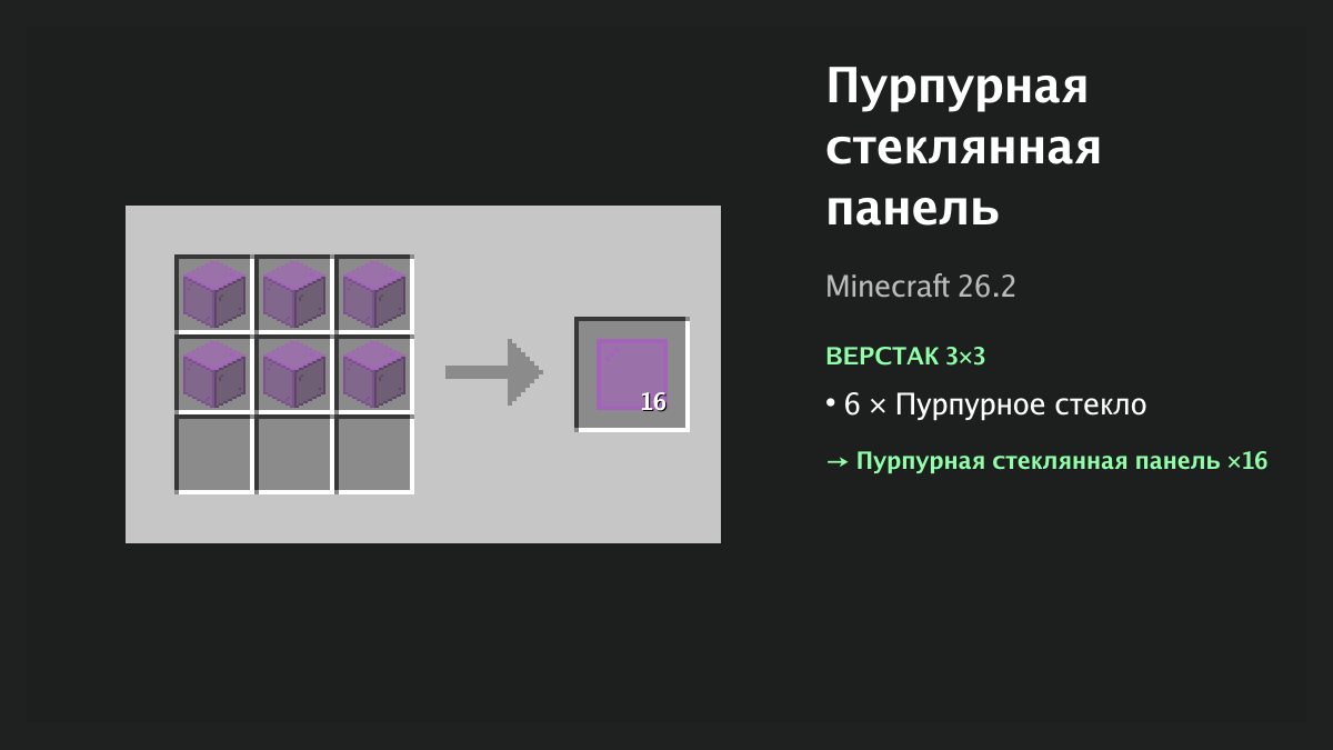 Рецепт: пурпурная стеклянная панель в Minecraft — 6 × пурпурное стекло (верстак 3×3)