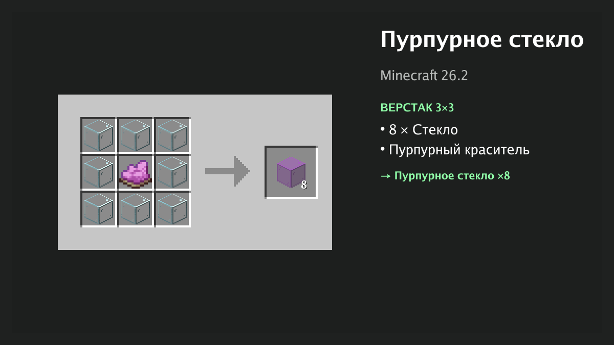 Рецепт: пурпурное стекло в Minecraft — 8 × стекло, пурпурный краситель (верстак 3×3)