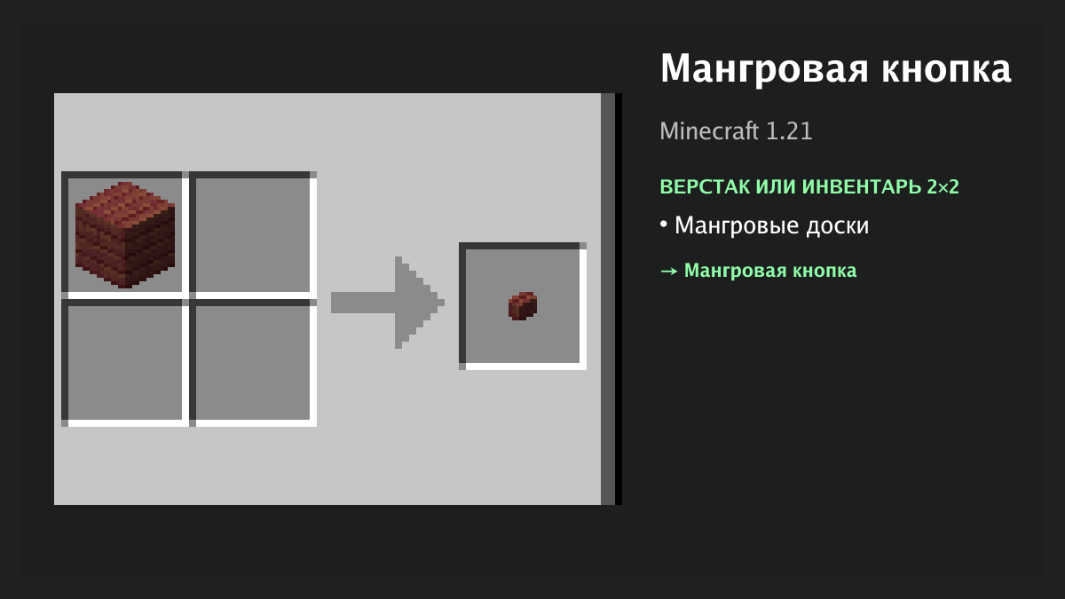 Рецепт: мангровая кнопка в Minecraft — мангровые доски (верстак или инвентарь 2×2)