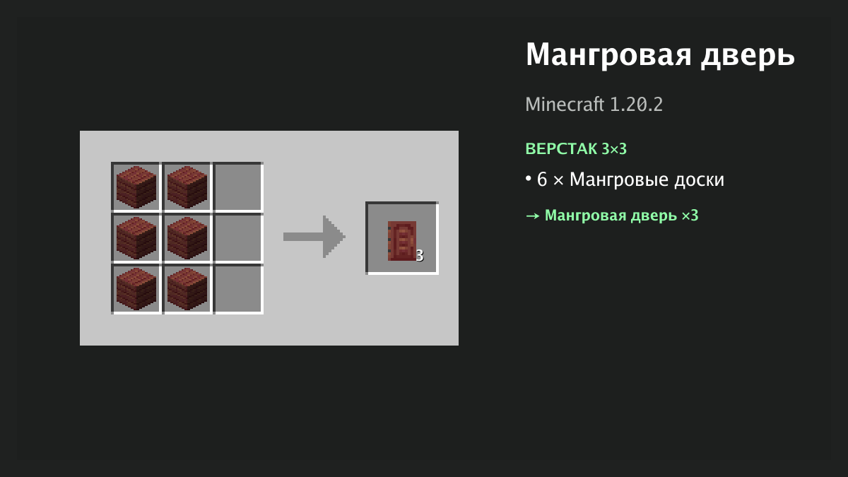 Рецепт: мангровая дверь в Minecraft — 6 × мангровые доски (верстак 3×3)