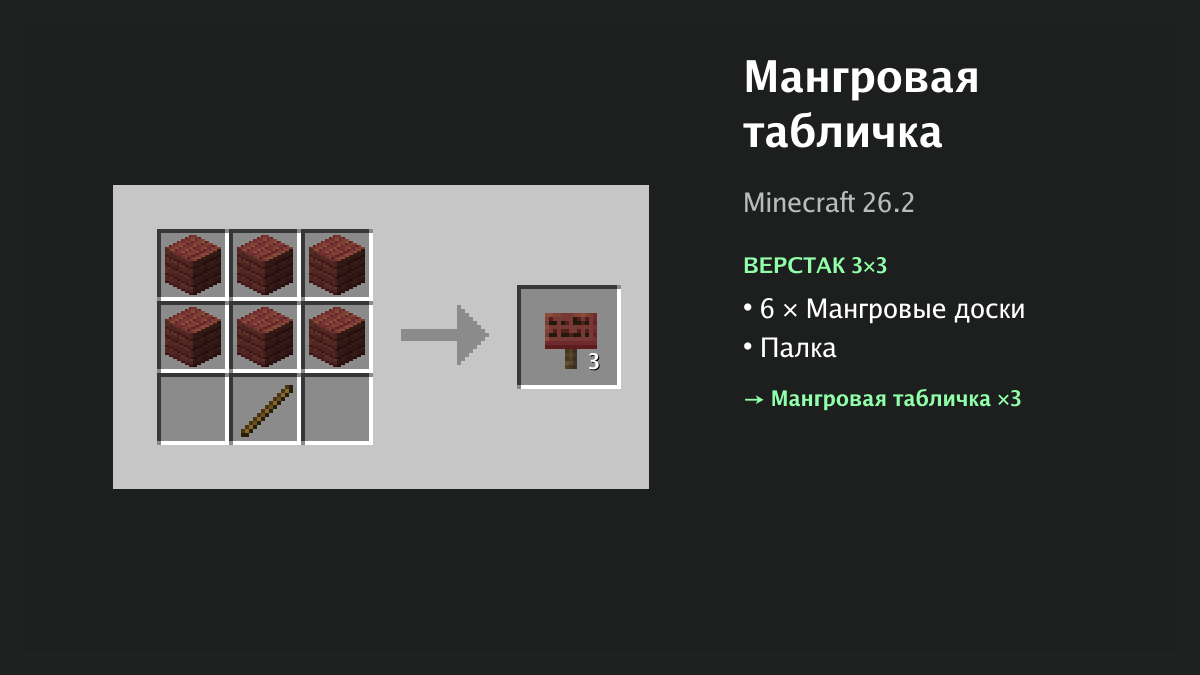 Рецепт: мангровая табличка в Minecraft — 6 × мангровые доски, палка (верстак 3×3)