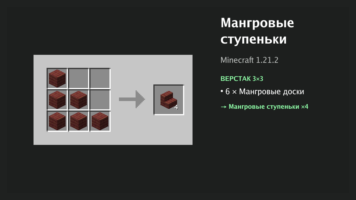 Рецепт: мангровые ступеньки в Minecraft — 6 × мангровые доски (верстак 3×3)