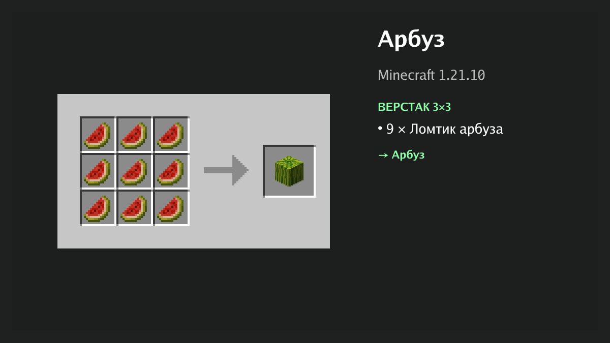 Рецепт: арбуз в Minecraft — 9 × ломтик арбуза (верстак 3×3)
