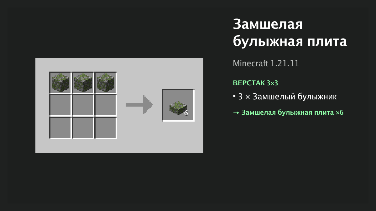 Рецепт: замшелая булыжная плита в Minecraft — 3 × замшелый булыжник (верстак 3×3)