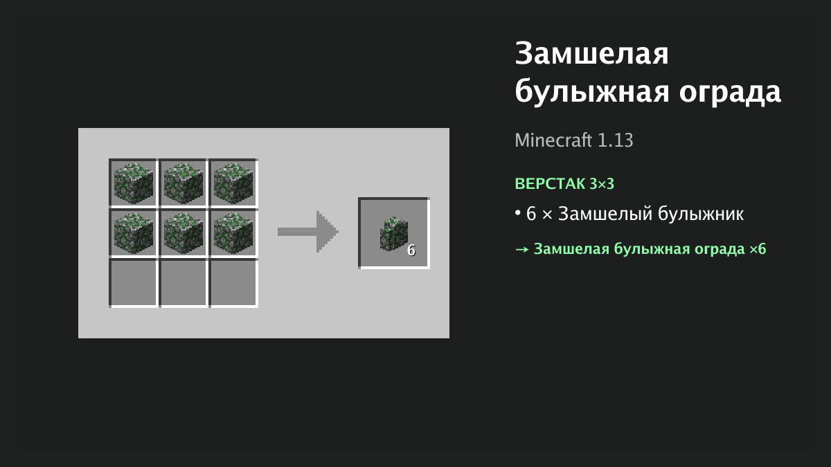 Рецепт: замшелая булыжная ограда в Minecraft — 6 × замшелый булыжник (верстак 3×3)